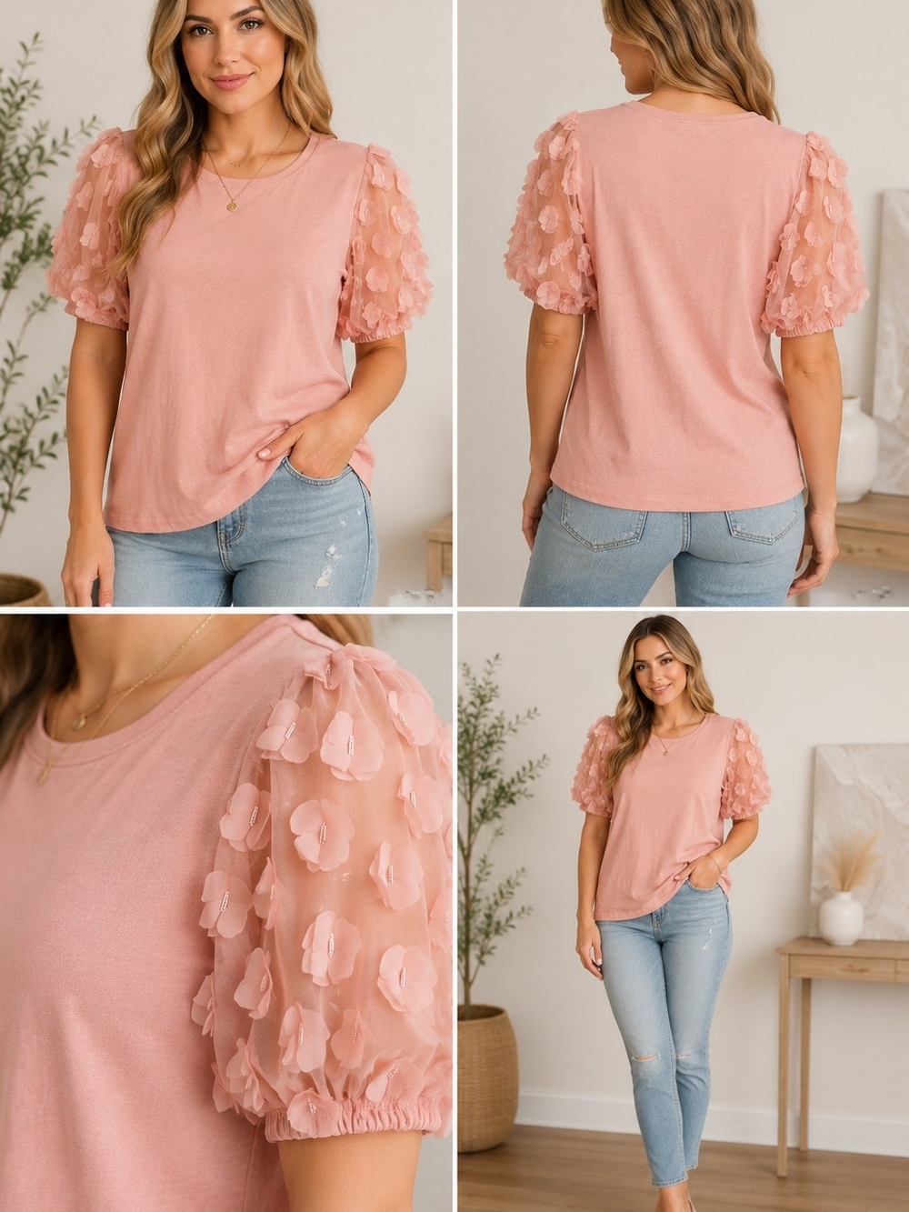 Madison Paris New York Women’s Blush Pink 3D Floral Sleeve Top – Size XL